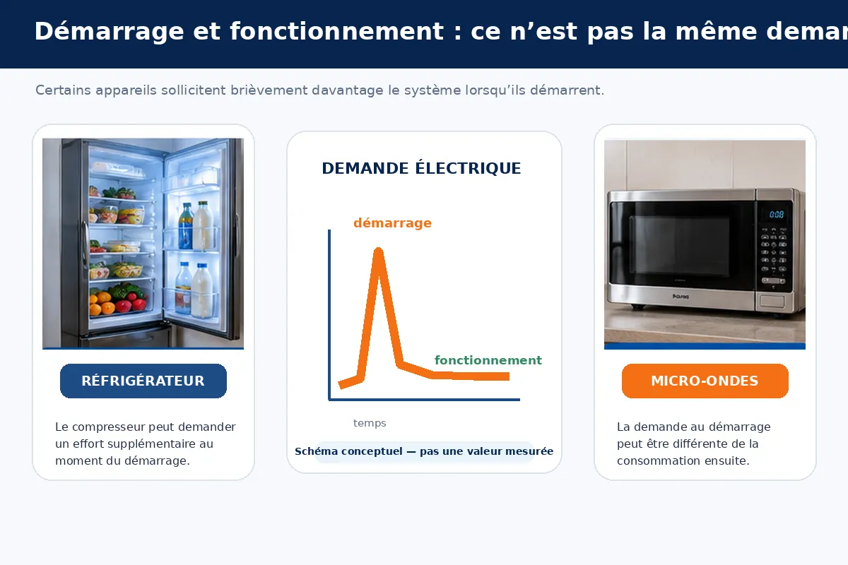 Diff&eacute;rence entre demande au d&eacute;marrage et consommation en fonctionnement d&rsquo;un appareil sur convertisseur