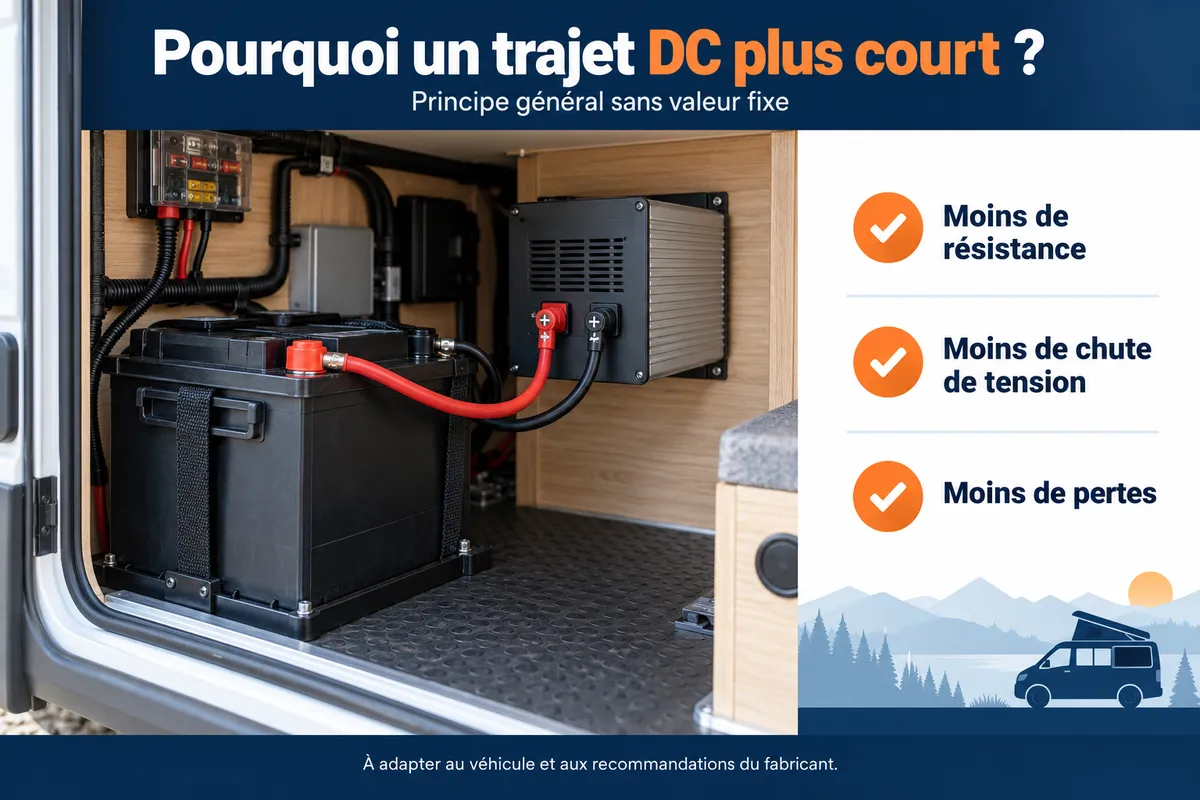 Trajet DC court entre une batterie et un convertisseur pour limiter la longueur du c&acirc;blage