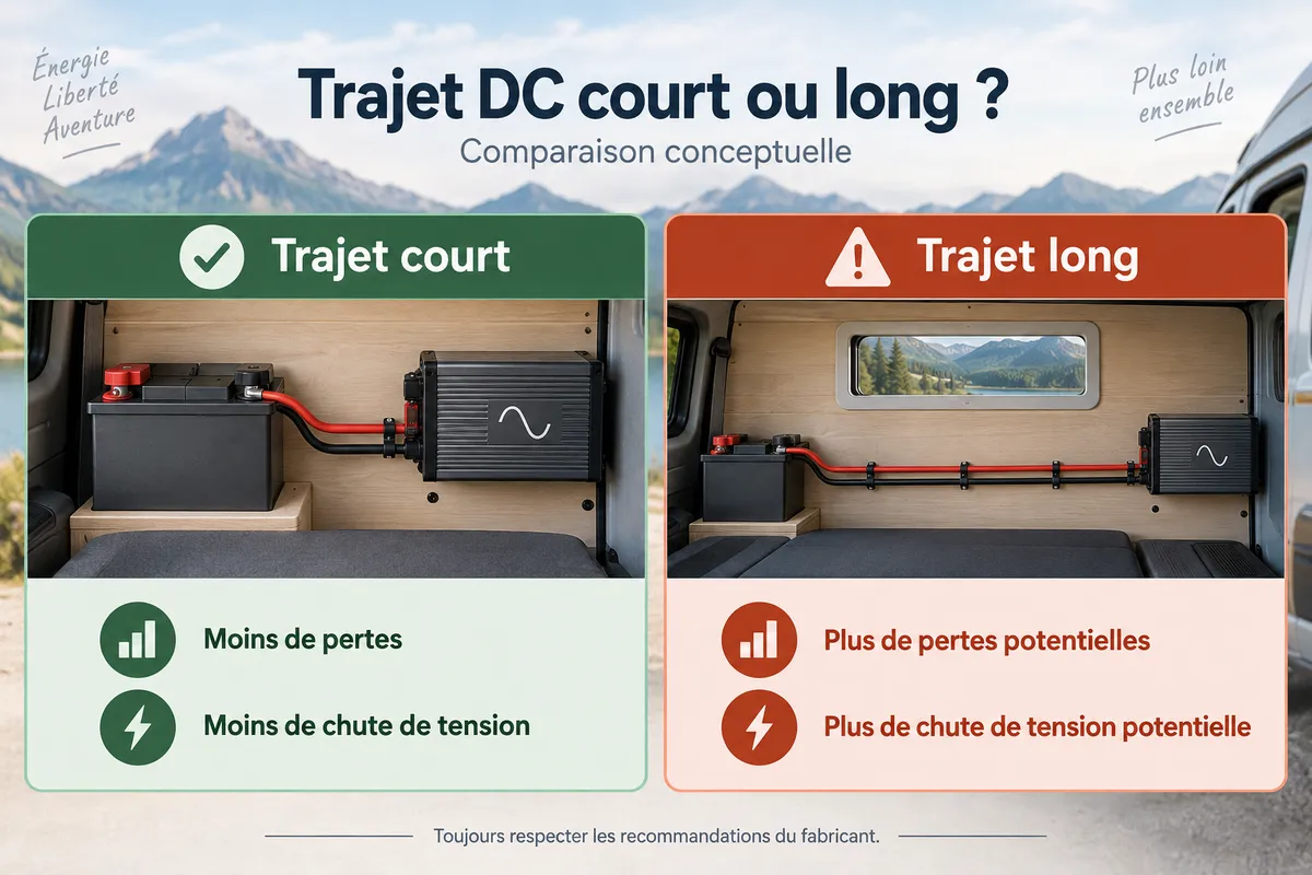 Comparaison d&rsquo;un trajet DC court et long entre batterie et convertisseur