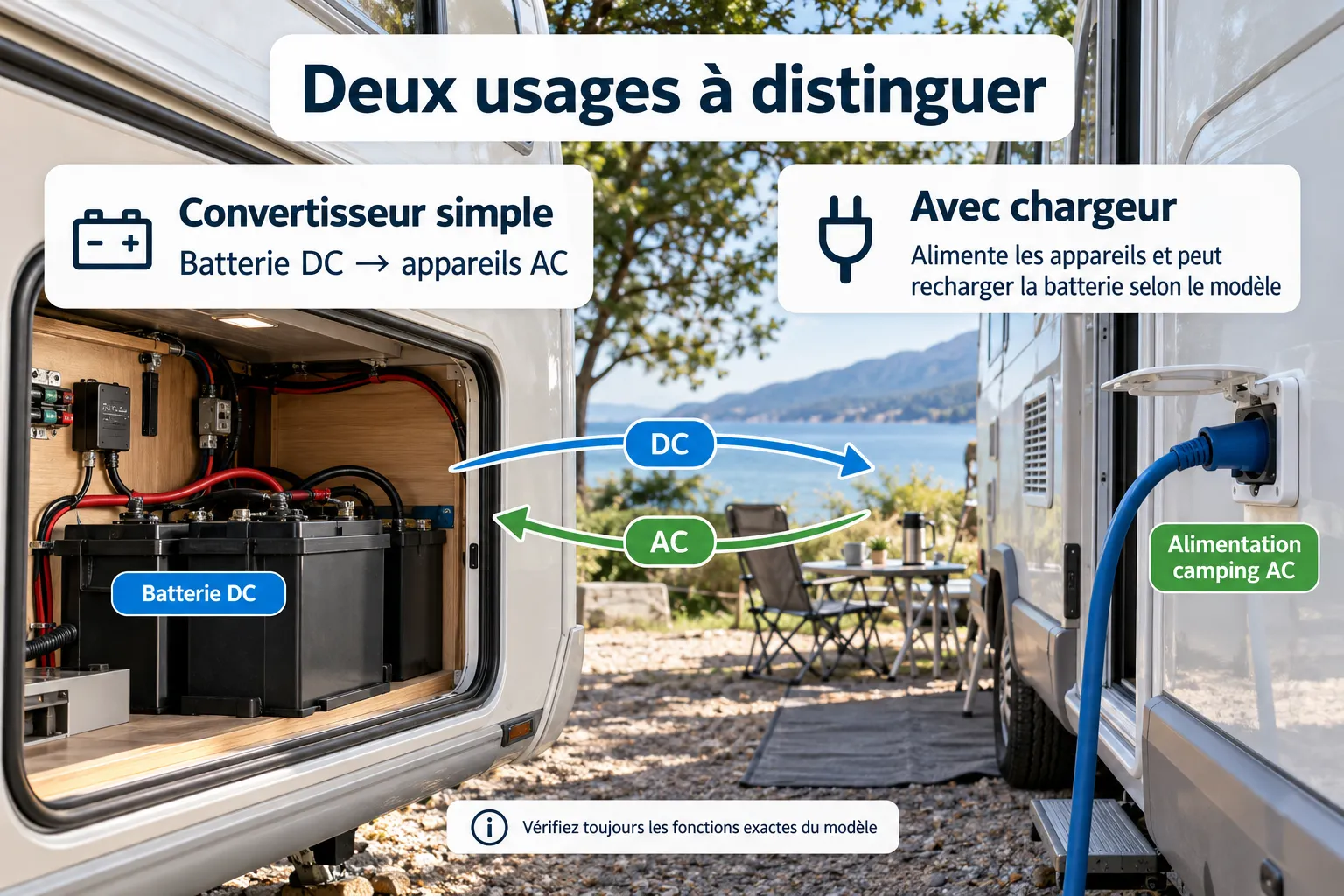 Comparaison entre un convertisseur simple et un convertisseur avec chargeur pour une installation sur batterie