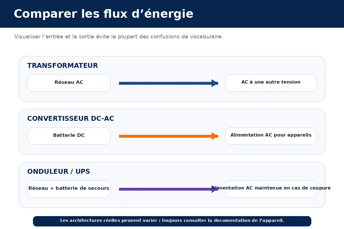 Flux d&rsquo;&eacute;nergie comparant transformateur, convertisseur et onduleur entre courant continu et alternatif