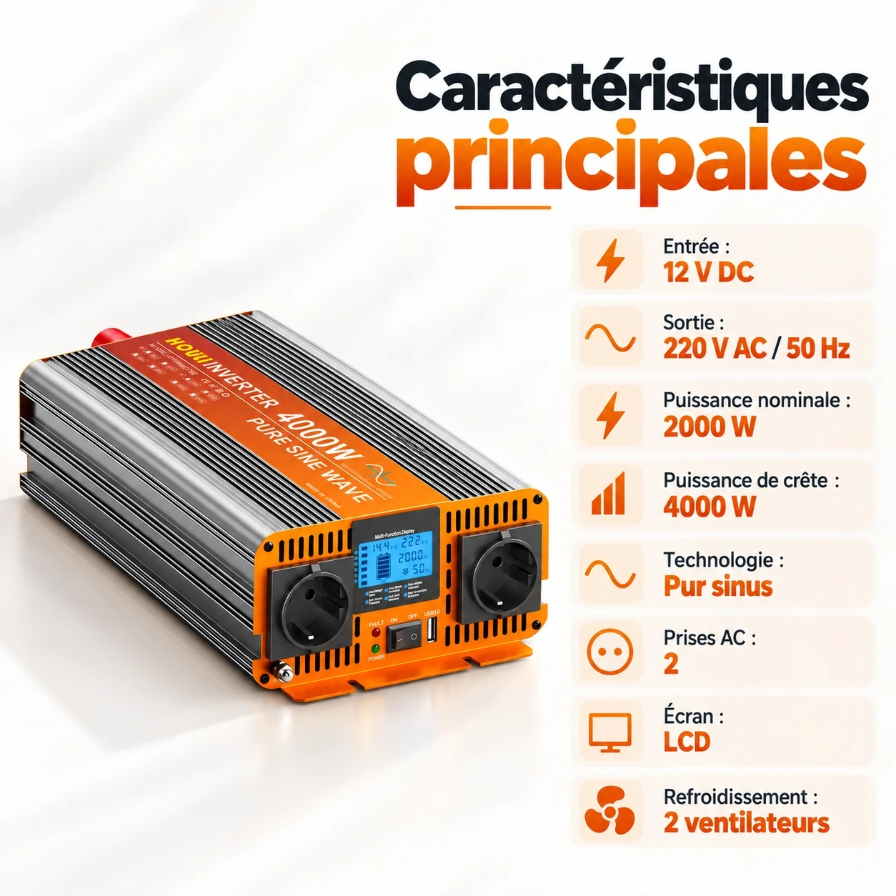 Convertisseur Pur Sinus 12V 220V 2000W (Pic 4000W) – HOULI