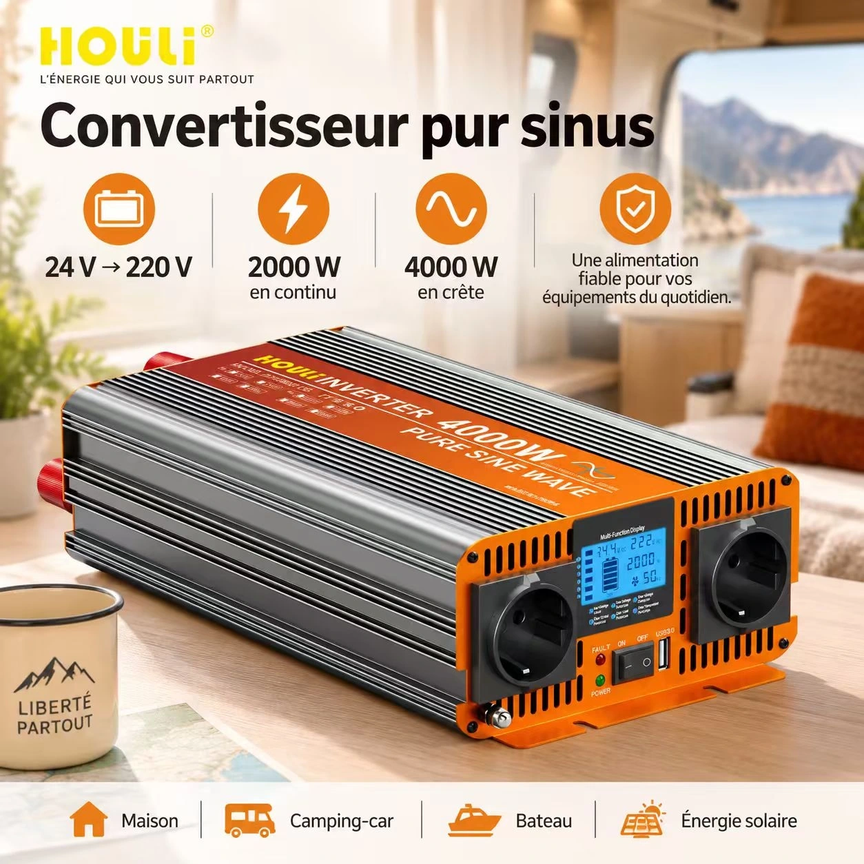 Convertisseur Pur Sinus 24V 220V 2000W (Pic 4000W) – HOULI