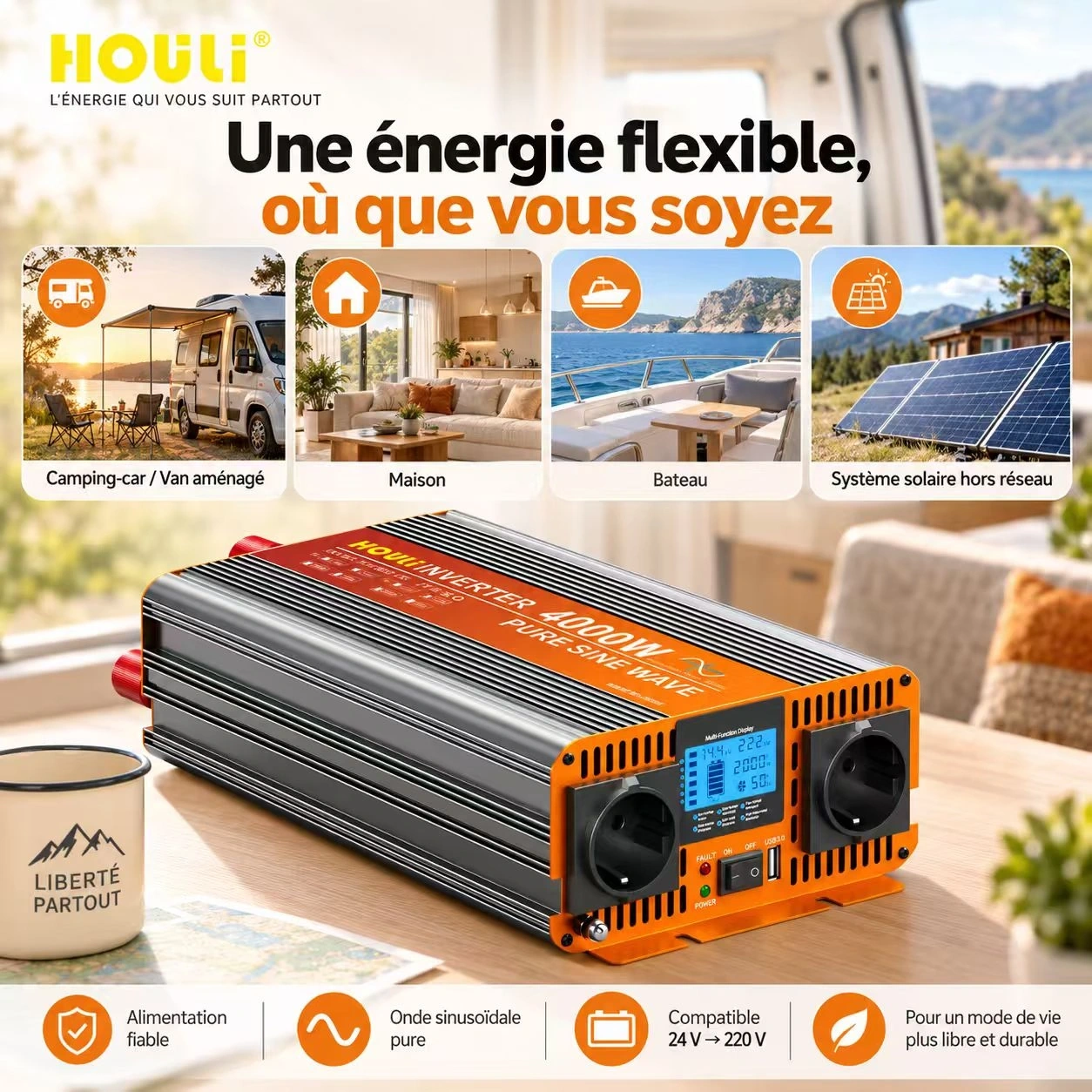 Convertisseur Pur Sinus 24V 220V 2000W (Pic 4000W) – HOULI
