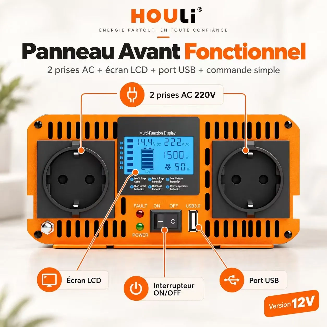 Convertisseur Pur Sinus 12V 220V 1500W (Pic 3000W) – HOULI