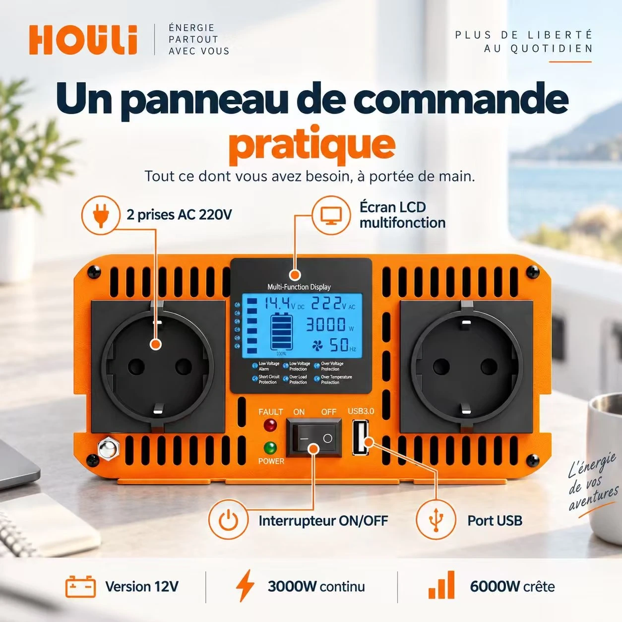 Convertisseur Pur Sinus 12V 220V 3000W (Pic 6000W) – HOULI