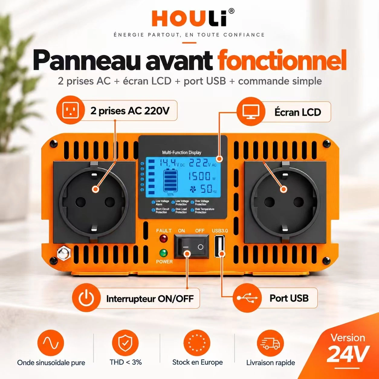 Convertisseur Pur Sinus 24V 220V 1500W (Pic 3000W) – HOULI