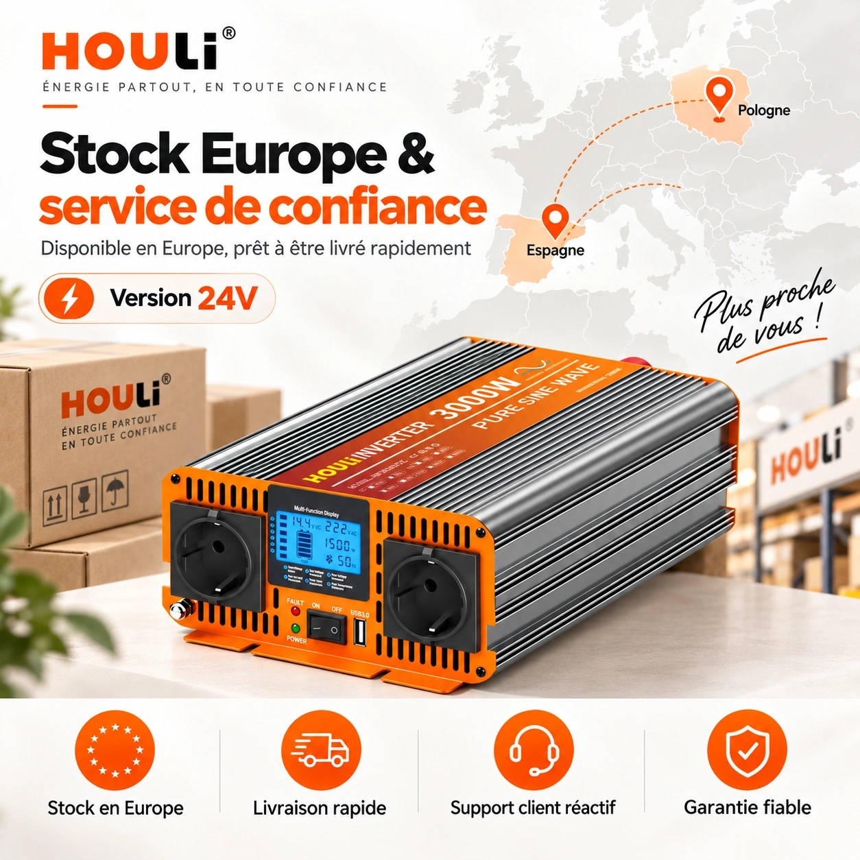 Convertisseur Pur Sinus 24V 220V 1500W (Pic 3000W) – HOULI