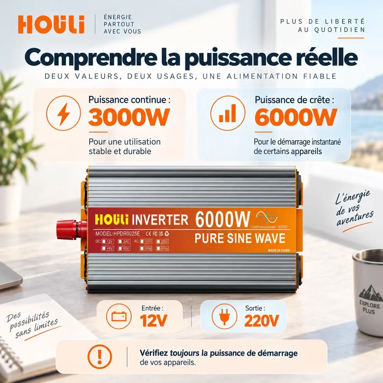 Convertisseur Pur Sinus 12V 220V 3000W (Pic 6000W) – HOULI