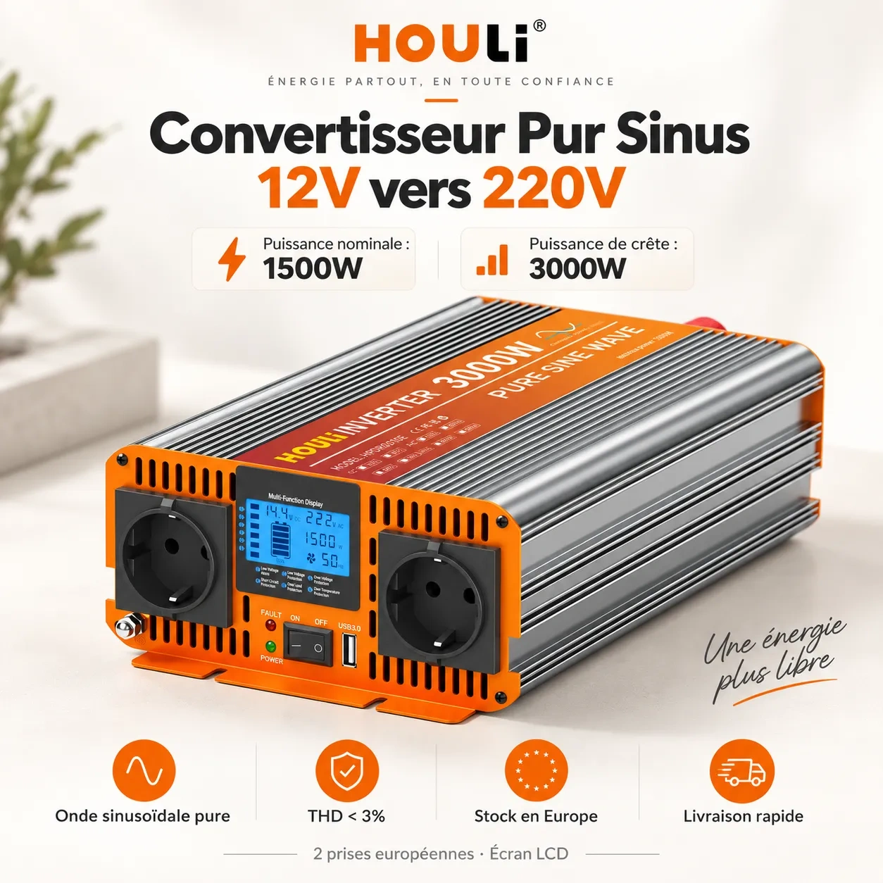 Convertisseur Pur Sinus 12V 220V 1500W (Pic 3000W) – HOULI