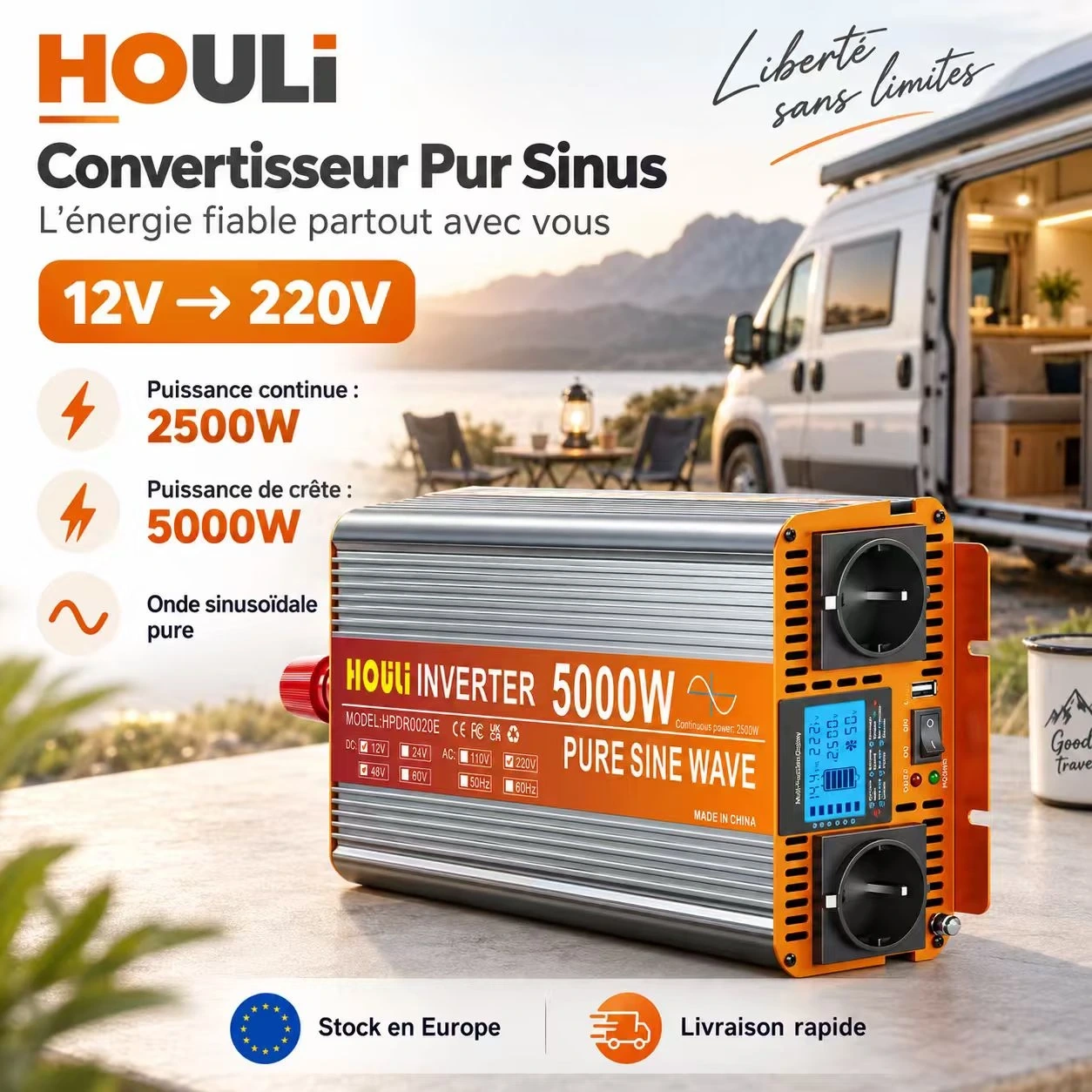 Convertisseur Pur Sinus 12V 220V 2500W (Pic 5000W) – HOULI