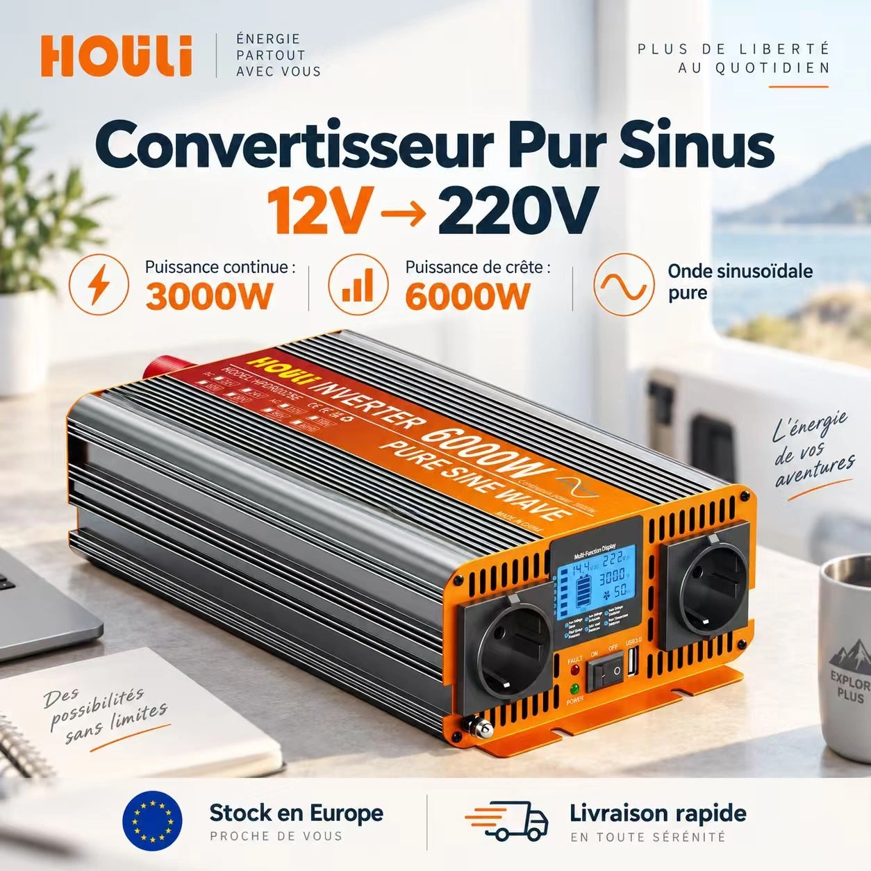 Convertisseur Pur Sinus 12V 220V 3000W (Pic 6000W) – HOULI
