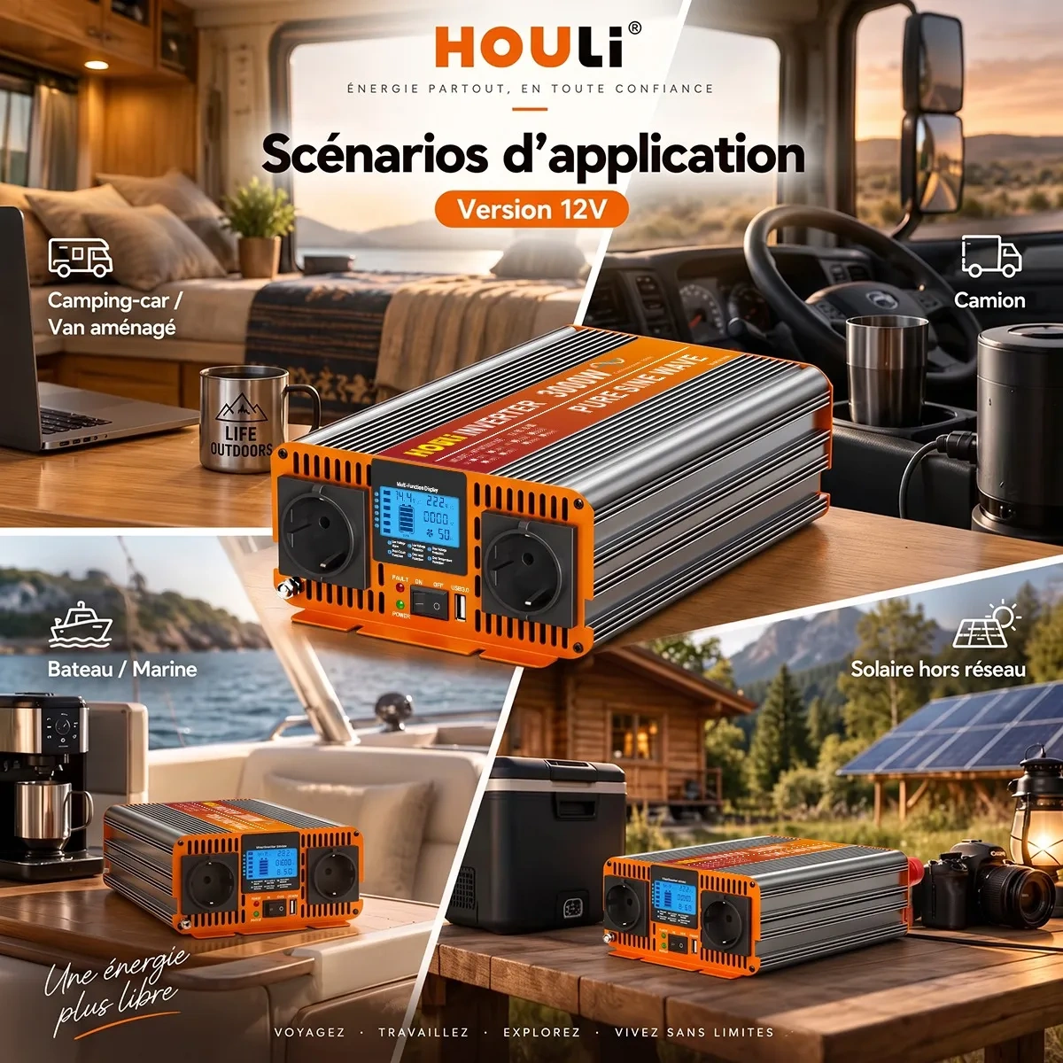 Convertisseur Pur Sinus 12V 220V 1500W (Pic 3000W) – HOULI