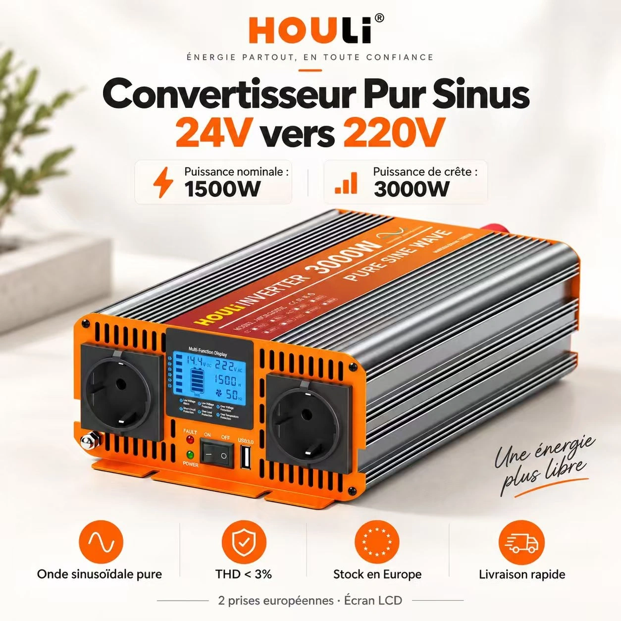 Convertisseur Pur Sinus 24V 220V 1500W (Pic 3000W) – HOULI