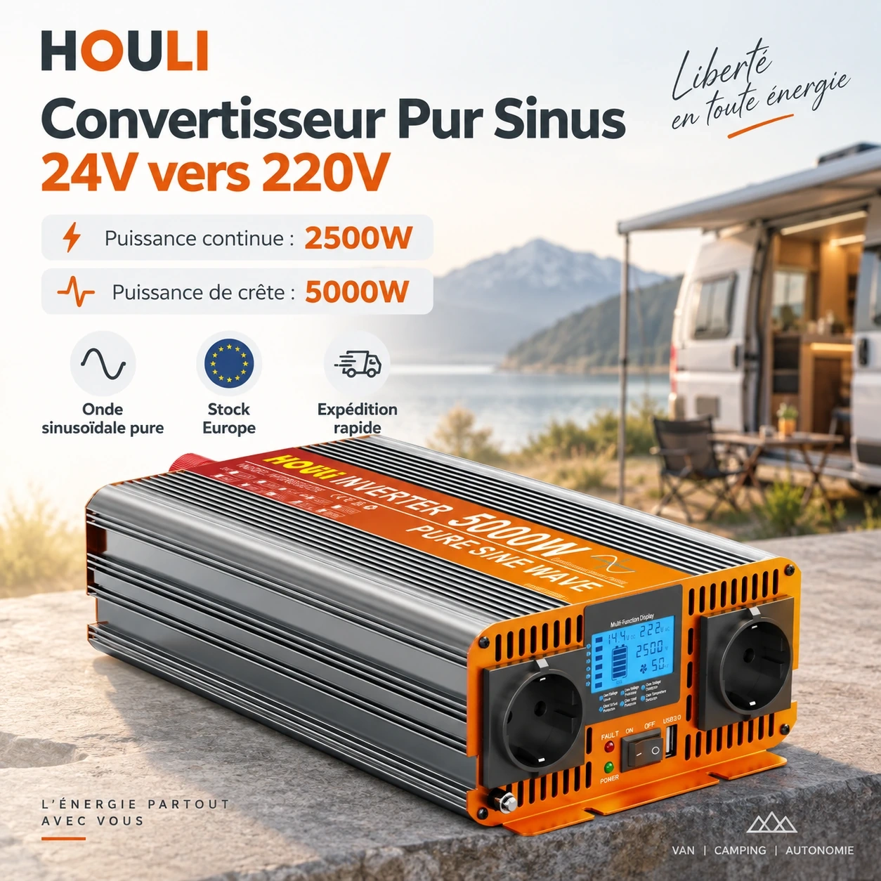 Convertisseur Pur Sinus 24V 220V 2500W (Pic 5000W) – HOULI