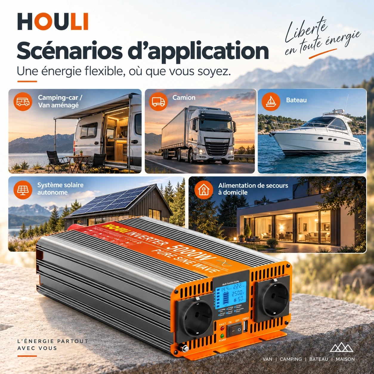 Convertisseur Pur Sinus 24V 220V 2500W (Pic 5000W) – HOULI