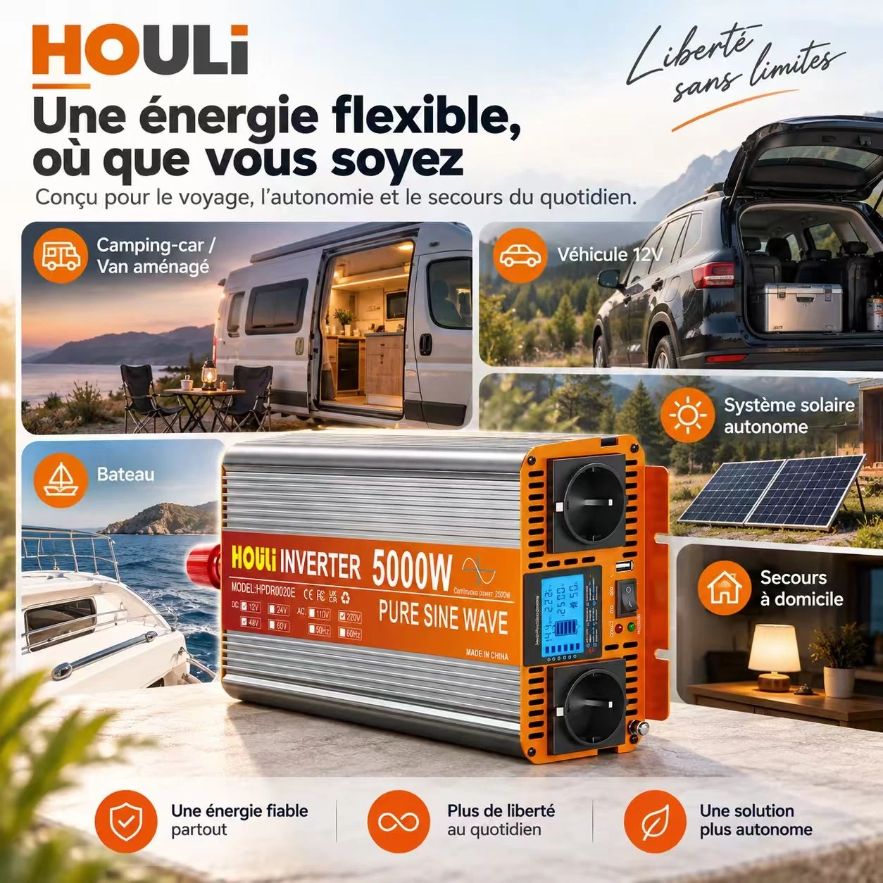 Convertisseur Pur Sinus 12V 220V 2500W (Pic 5000W) – HOULI