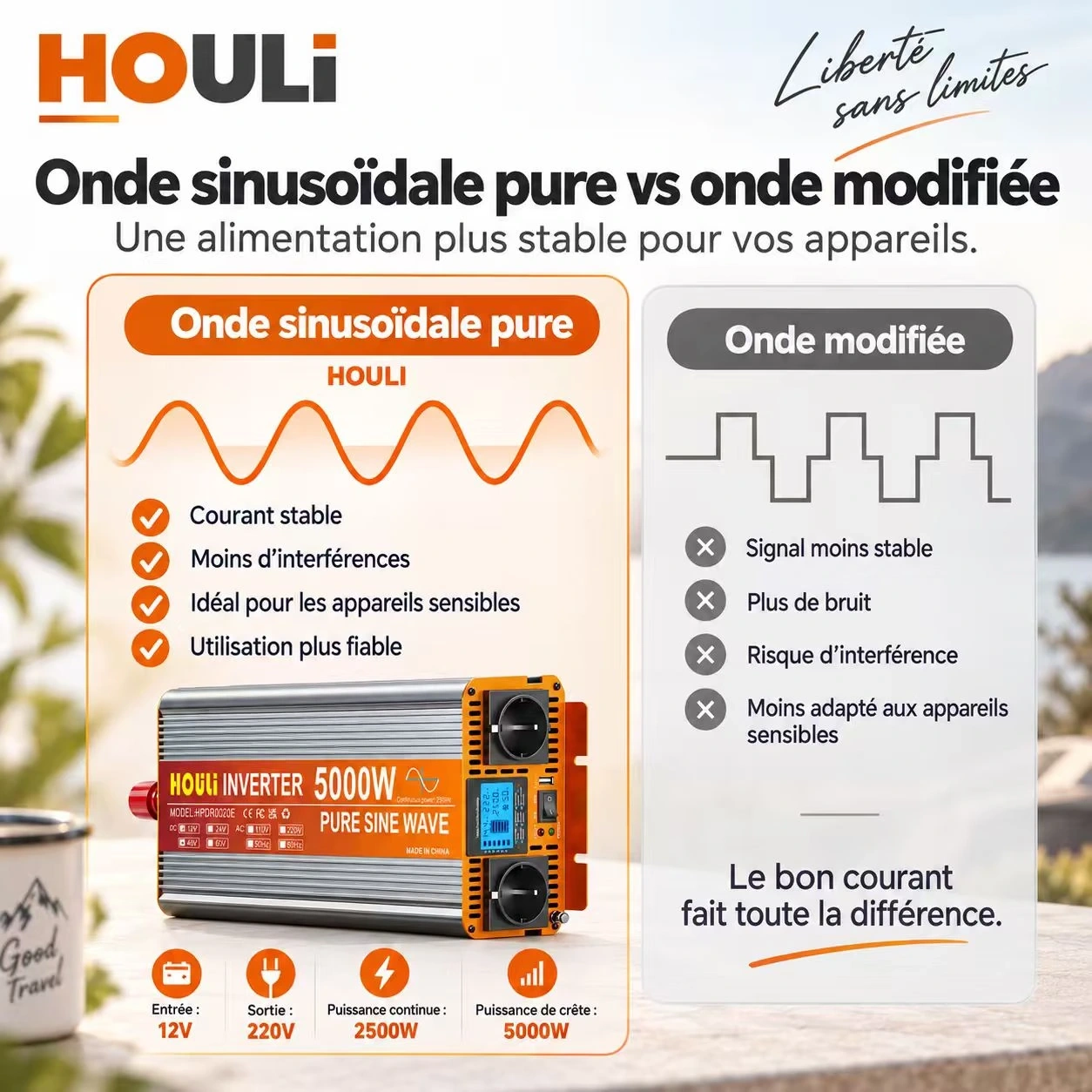 Convertisseur Pur Sinus 12V 220V 2500W (Pic 5000W) – HOULI