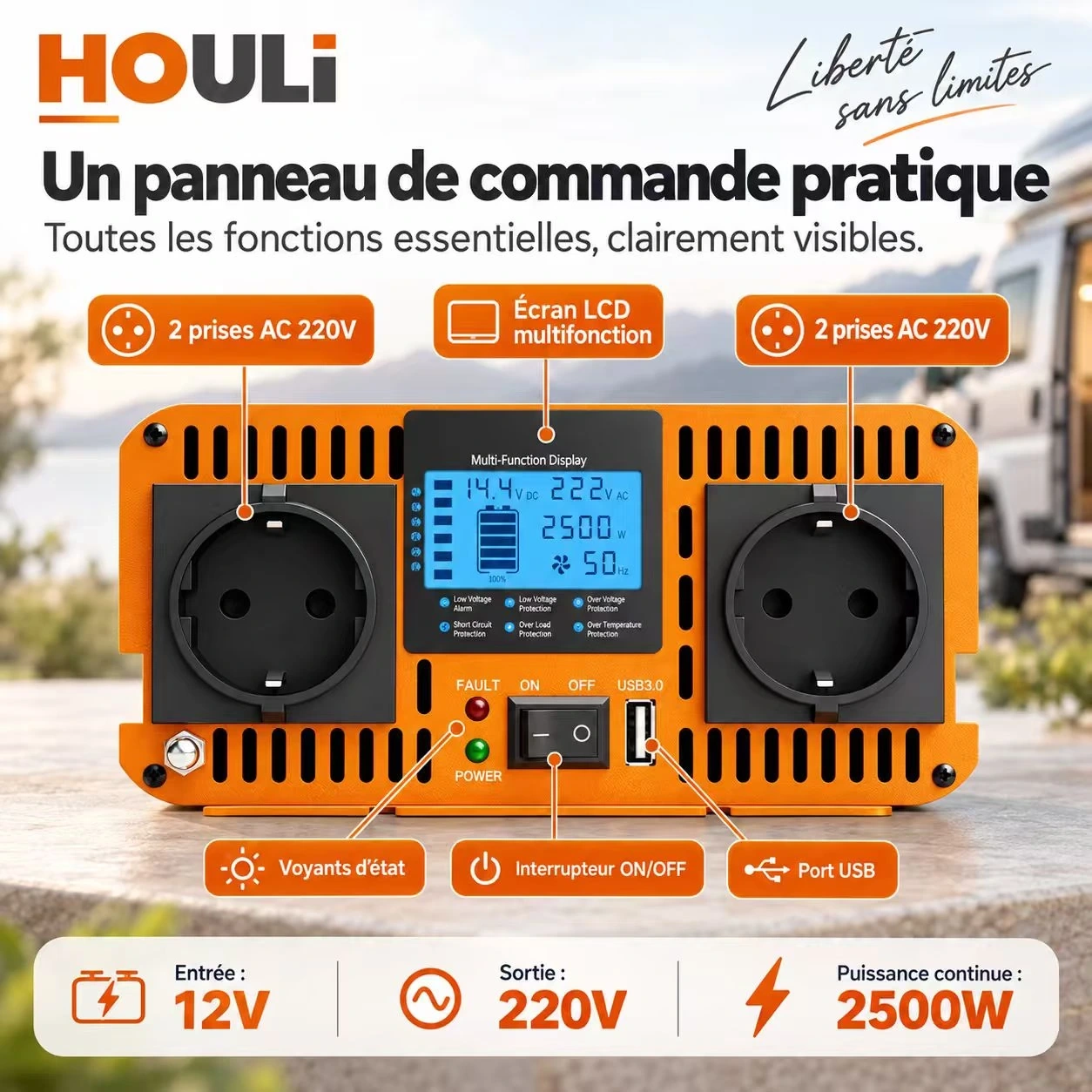 Convertisseur Pur Sinus 12V 220V 2500W (Pic 5000W) – HOULI