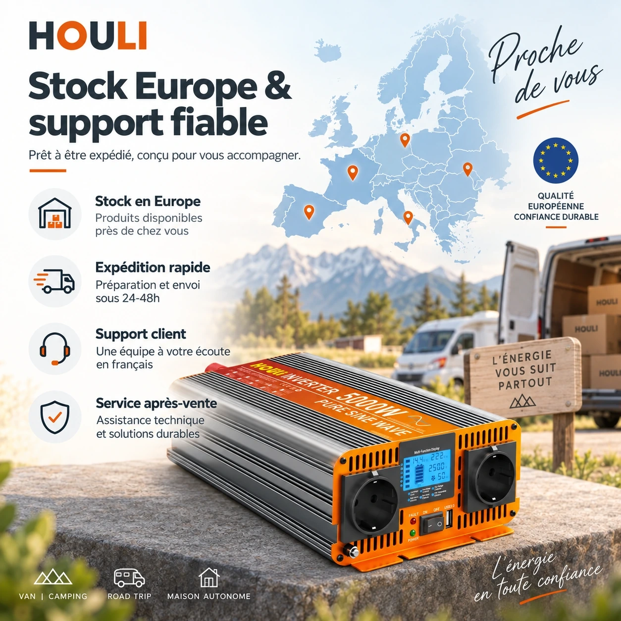 Convertisseur Pur Sinus 24V 220V 2500W (Pic 5000W) – HOULI