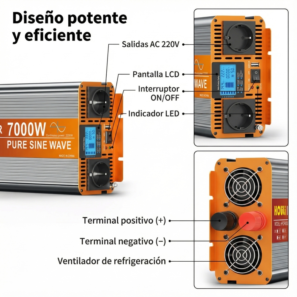 Inversor Onda Pura 1500W (Pico 3000W) PRO | Doble Enchufe + USB, 12V / 24V a 220V, Pantalla LCD - [HOULI]
