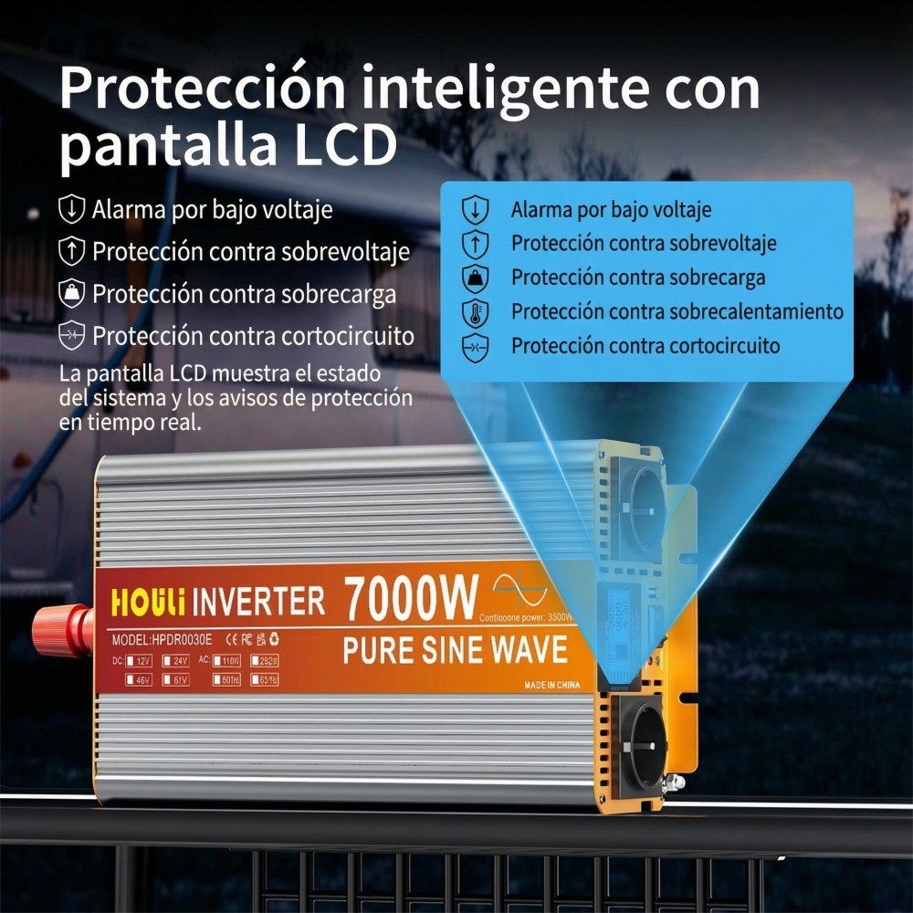 HOULI Inversor Onda Pura 2000W (Pico 4000W) DC 12V/24V a 220V con Pantalla LCD - Ideal para Microondas y Autocaravana