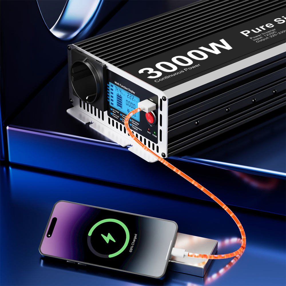 Inversor 12V/24V a 220V HOULI 1500W~3000W Onda Pura - Transformador Inteligente con Pantalla LCD para Caravana y Sistema Solar Off-Grid