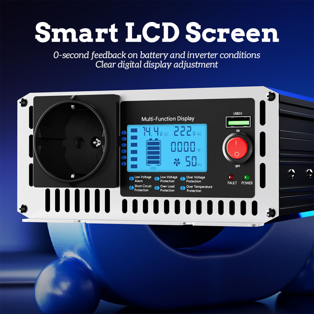 Inversor 12V/24V a 220V HOULI 1500W~3000W Onda Pura - Transformador Inteligente con Pantalla LCD para Caravana y Sistema Solar Off-Grid