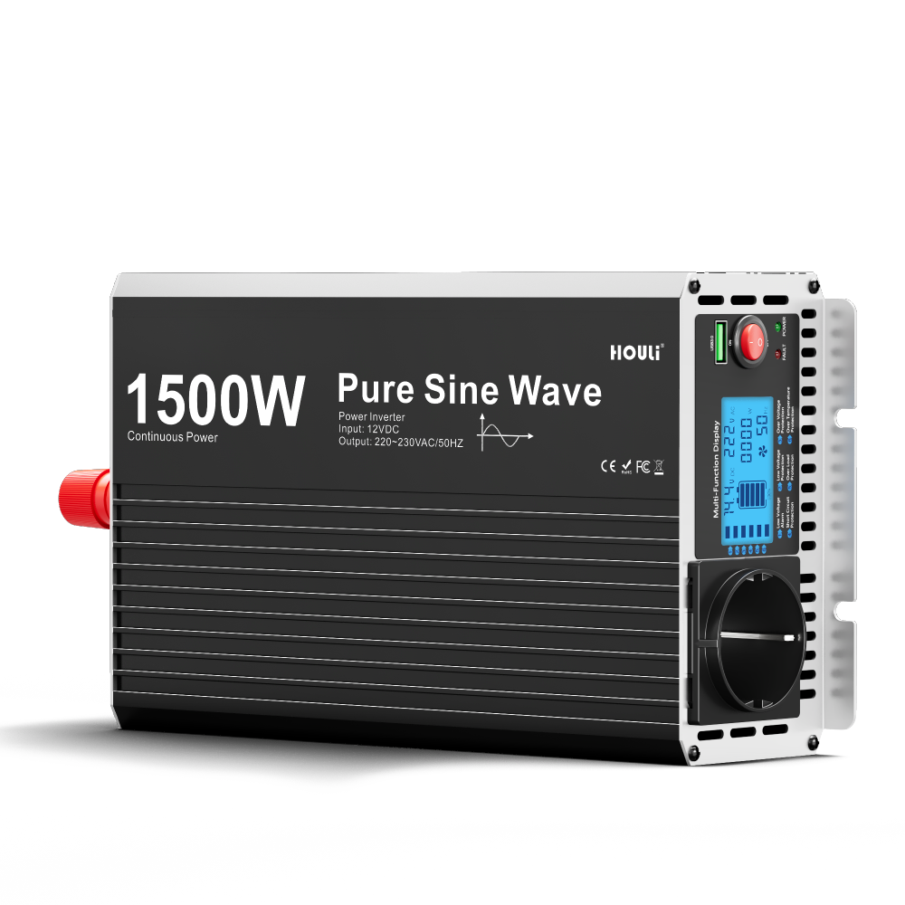 Inversor 12V/24V a 220V HOULI 1500W（3000W) Onda Pura - Transformador Inteligente con Pantalla LCD para Caravana y Sistema Solar Off-Grid