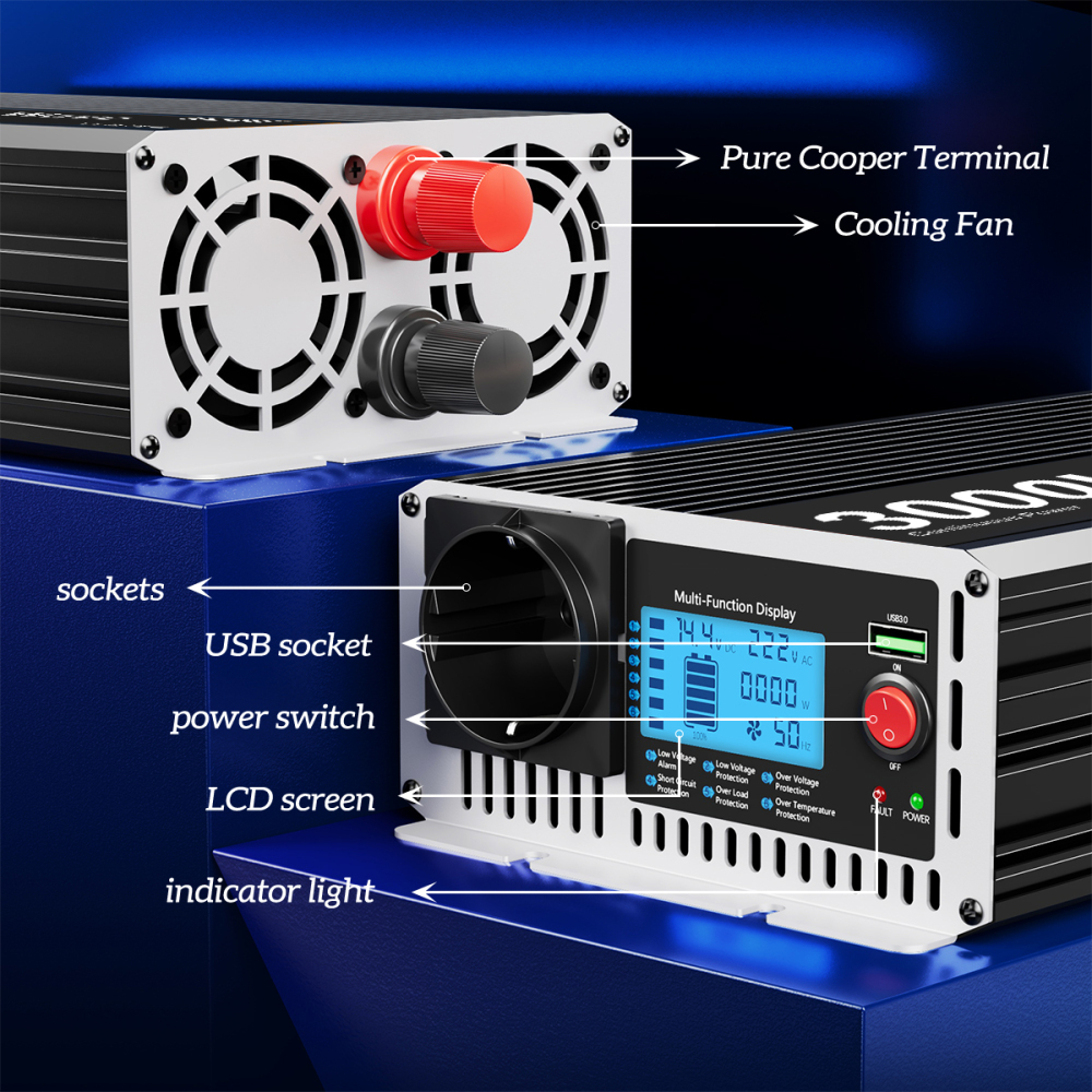 Inversor 12V/24V a 220V HOULI 1500W~3000W Onda Pura - Transformador Inteligente con Pantalla LCD para Caravana y Sistema Solar Off-Grid