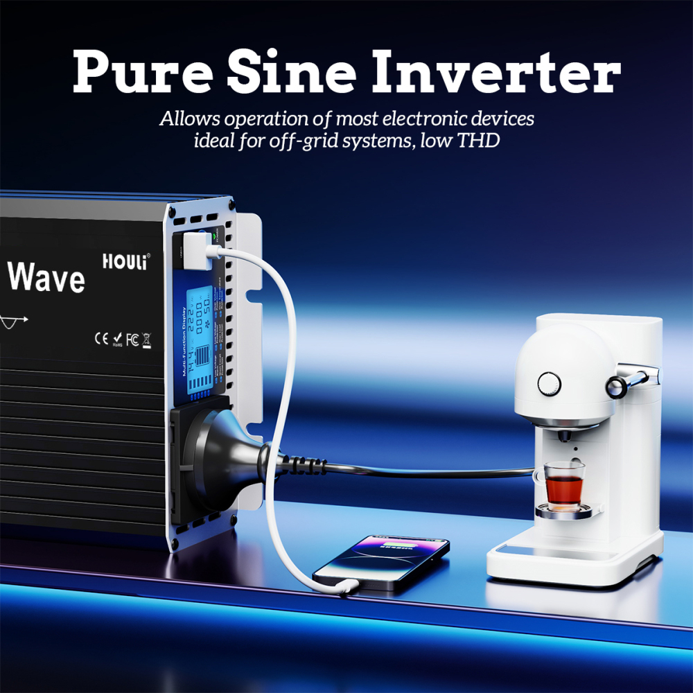 Inversor 12V/24V a 220V HOULI 1500W~3000W Onda Pura - Transformador Inteligente con Pantalla LCD para Caravana y Sistema Solar Off-Grid