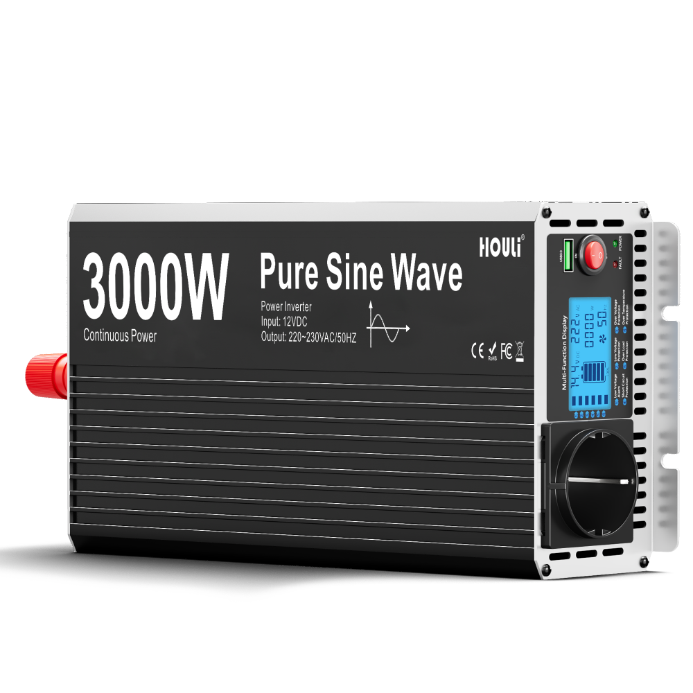 Inversor 12V/24V a 220V HOULI 1500W~3000W Onda Pura - Transformador Inteligente con Pantalla LCD para Caravana y Sistema Solar Off-Grid