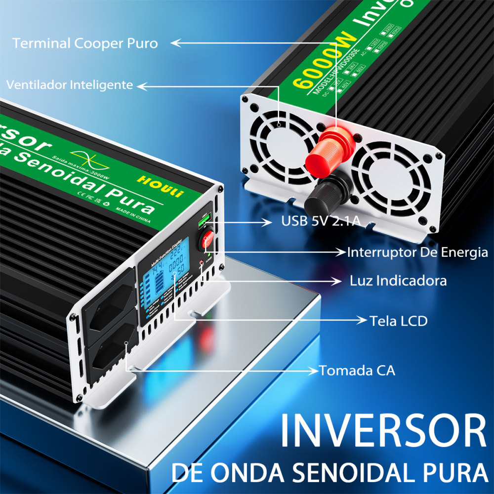 Pure Sine Wave Inverter 3000W 4000W 5000W 6000W Double Socket LCD Display DC 12V 24V To AC 220V Voltage Converter Power Supply