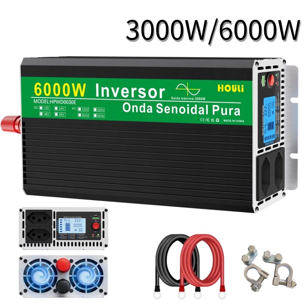 Pure Sine Wave Inverter 3000W 4000W 5000W 6000W Double Socket LCD Display DC 12V 24V To AC 220V Voltage Converter Power Supply