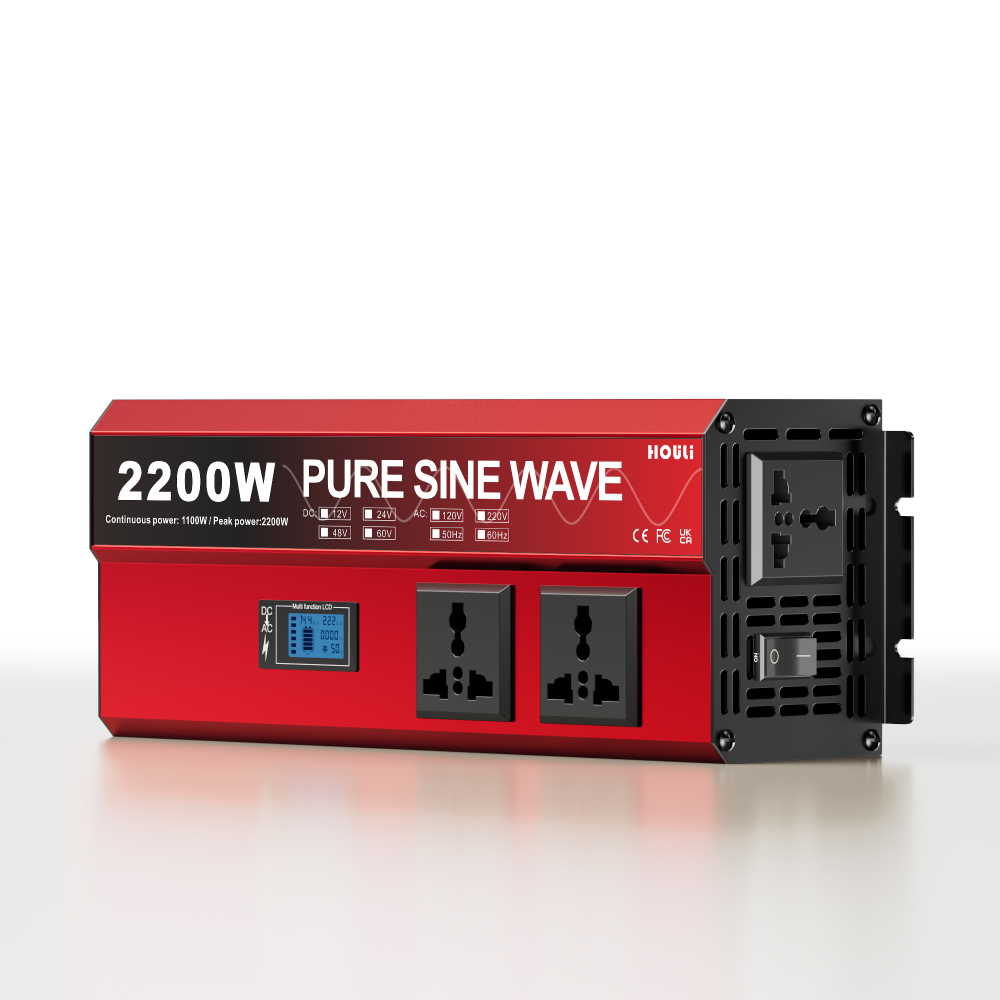 Inversor Veicular HOULI 2200W Pico 1100W Nominal - Onda Senoidal Pura 12V para 220V - Tomadas Universais + USB, Tela LCD para Carro e Acampamento