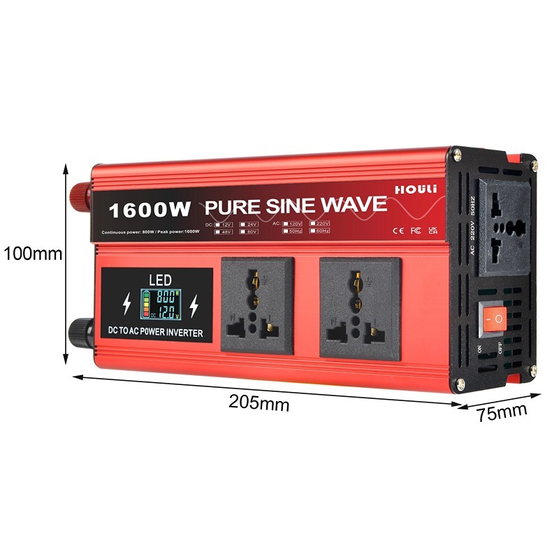 Inversor Veicular HOULI 1600W Pico 800W Nominal - Onda Senoidal Pura 12V 24V para 220V - Tomadas Universais, Tela LCD para Carro e Camping