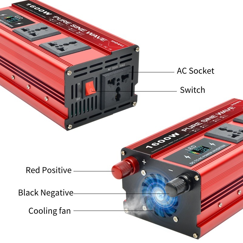 Inversor Veicular HOULI 1600W Pico 800W Nominal - Onda Senoidal Pura 12V 24V para 220V - Tomadas Universais, Tela LCD para Carro e Camping