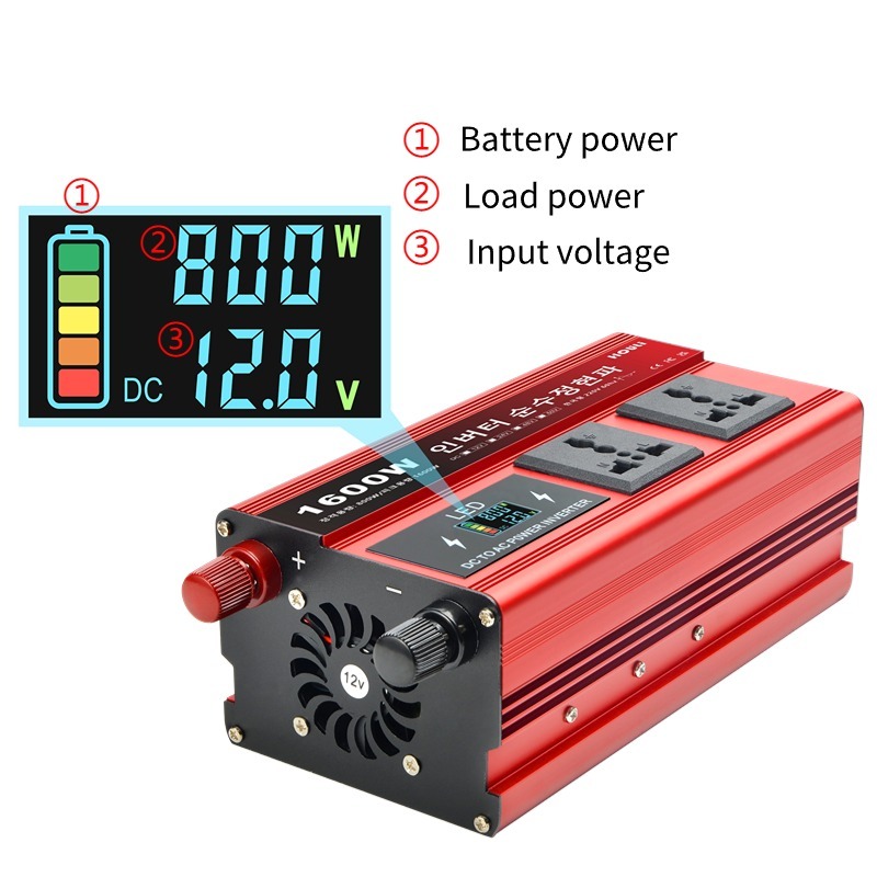 Inversor Veicular HOULI 1600W Pico 800W Nominal - Onda Senoidal Pura 12V 24V para 220V - Tomadas Universais, Tela LCD para Carro e Camping