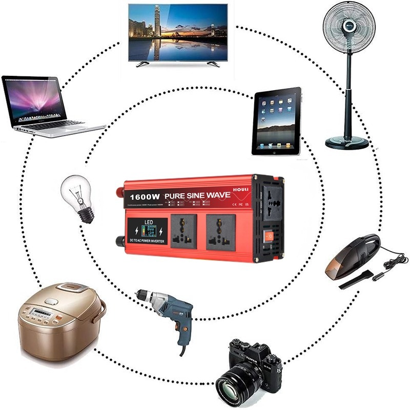 Inversor Veicular HOULI 1600W Pico 800W Nominal - Onda Senoidal Pura 12V 24V para 220V - Tomadas Universais, Tela LCD para Carro e Camping