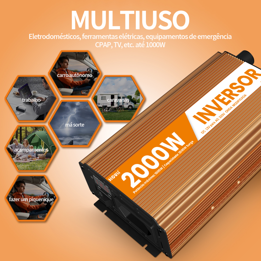 Inversor Veicular HOULI Onda Modificada 12V para 220V - 1000W / 2000W Pico - Conversor de Energia Portátil com Display LED