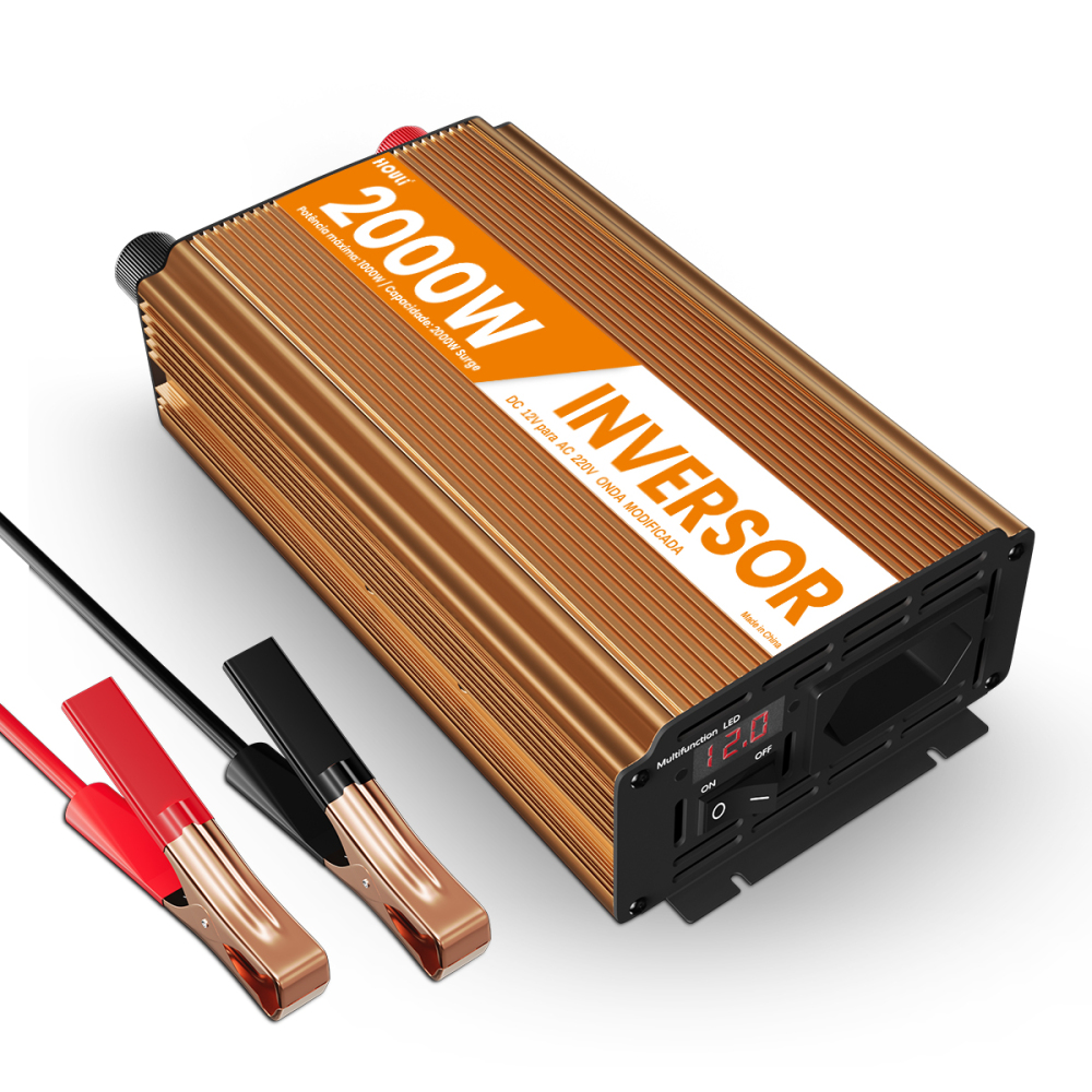 Inversor Veicular HOULI Onda Modificada 12V para 220V - 1000W / 2000W Pico - Conversor de Energia Portátil com Display LED