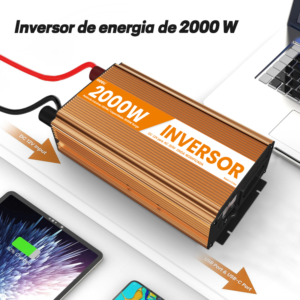 Inversor Veicular HOULI Onda Modificada 12V para 220V - 1000W / 2000W Pico - Conversor de Energia Portátil com Display LED