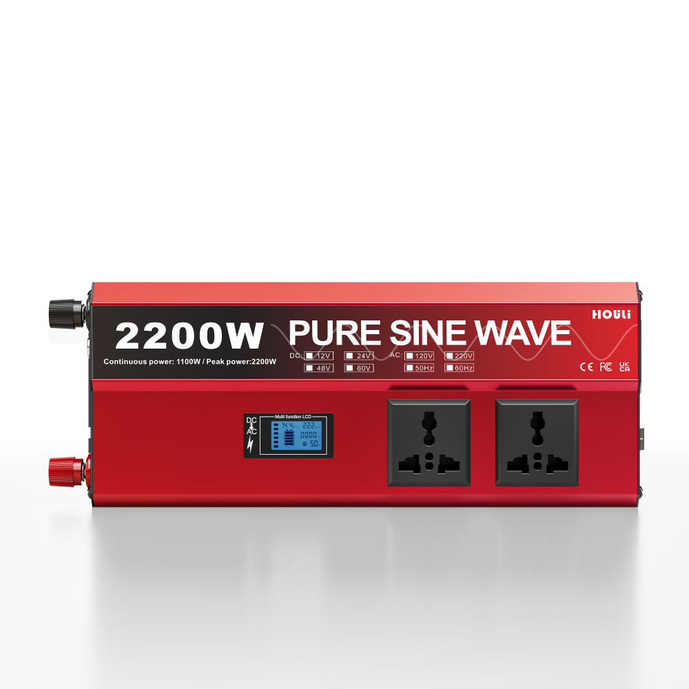 Inversor Veicular HOULI 2200W Pico 1100W Nominal - Onda Senoidal Pura 12V para 220V - Tomadas Universais + USB, Tela LCD para Carro e Acampamento
