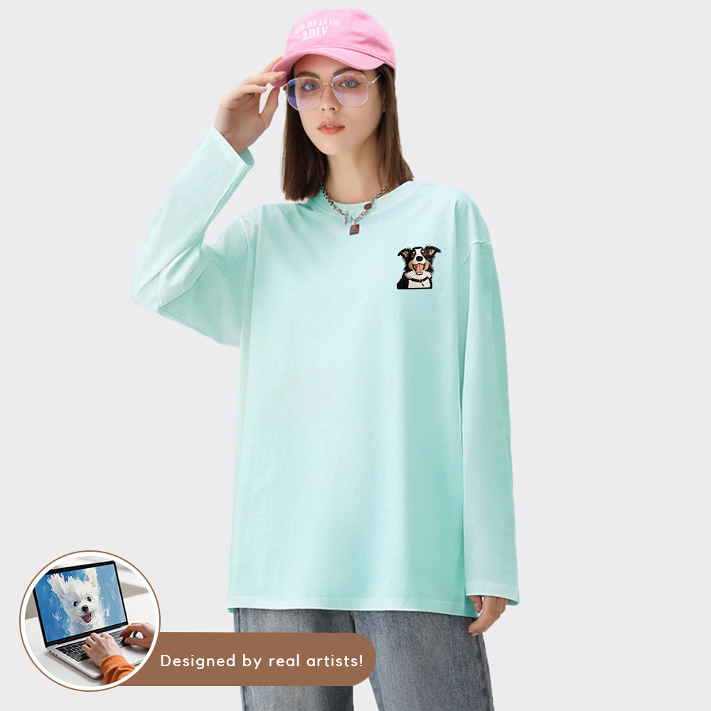 Custom Pet Dog Cat Logo Cotton Crew Neck Long Sleeve T-Shirt | Unisex Trendy Basic Tee