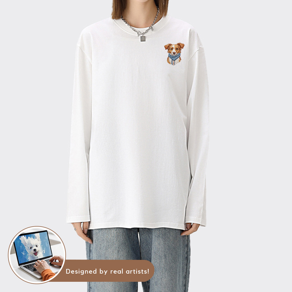 Custom Pet Dog Cat Logo Cotton Crew Neck Long Sleeve T-Shirt | Unisex Trendy Basic Tee