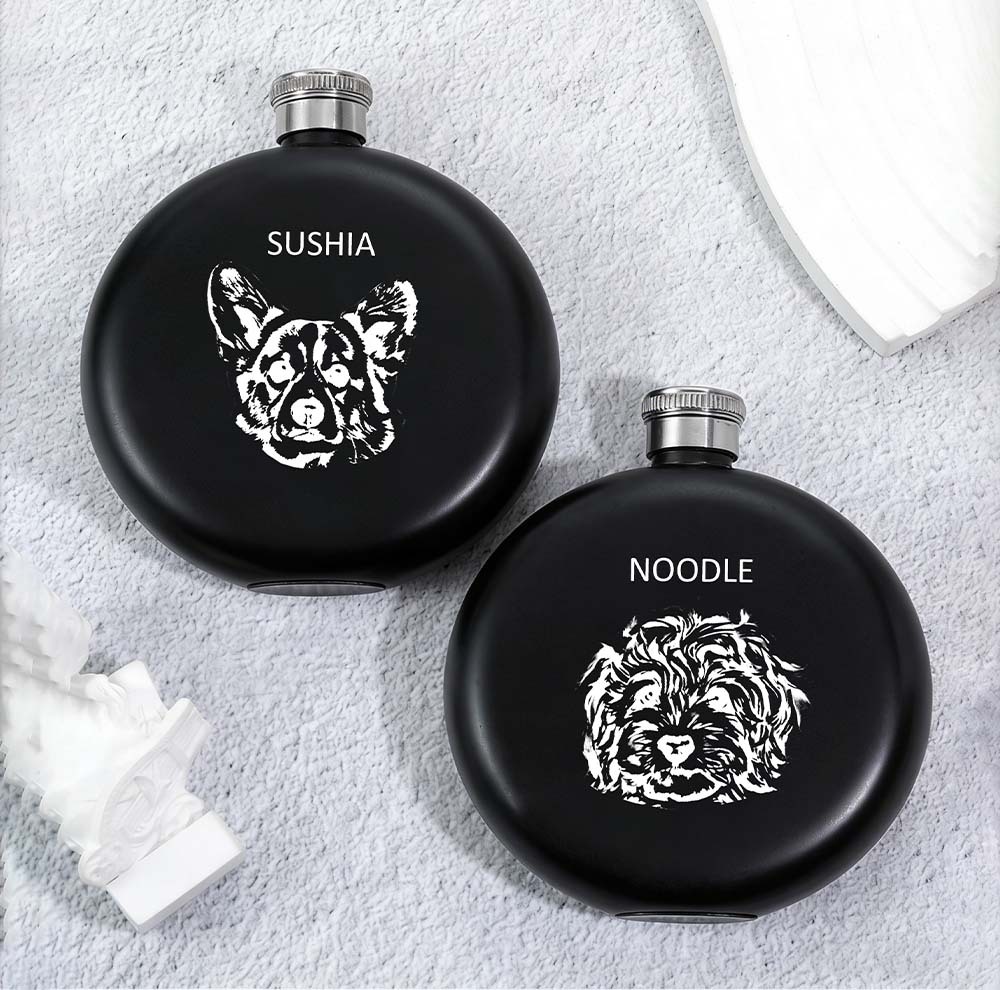 Personalized Engraved Pet Themed 5oz Black Flask |  Gift for Him Her Family