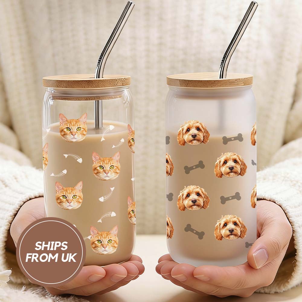 Personalized Cat Dog Beer Can Glass with Bamboo Lid - Custom Pet Portrait Coffee Cup