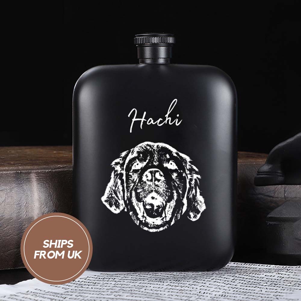 Personalized Cat Dog Black Hip Flask - 6oz Engraved Liquor Flask