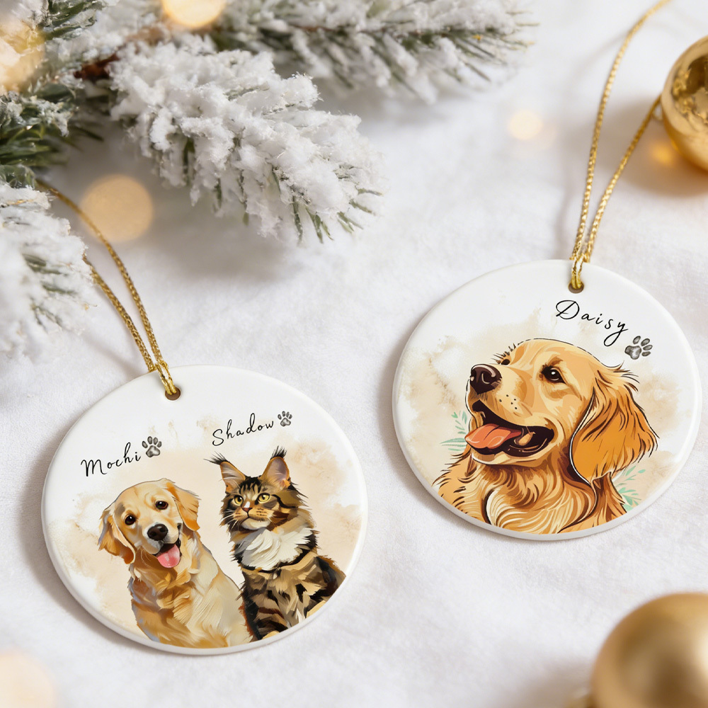 Custom Christmas Pet Watercolor Ornament with Photo and Name