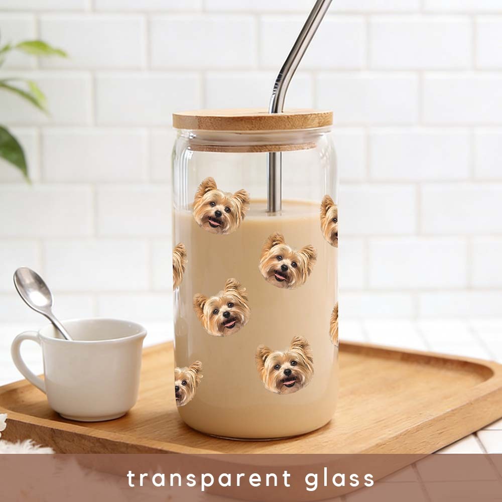 Personalized Cat Dog Beer Can Glass with Bamboo Lid - Custom Pet Portrait Coffee Cup